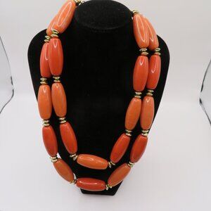 Orange Statement Necklace Chunky Double Strand Oval Beads & Gold Tone Beads
